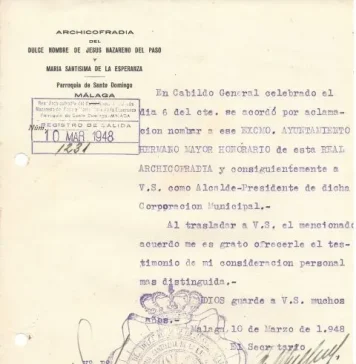El Ayuntamiento de Alhaurín de la Torre fue nombrado hermano mayor honorario de la Archicofradía de la Esperanza en 1948