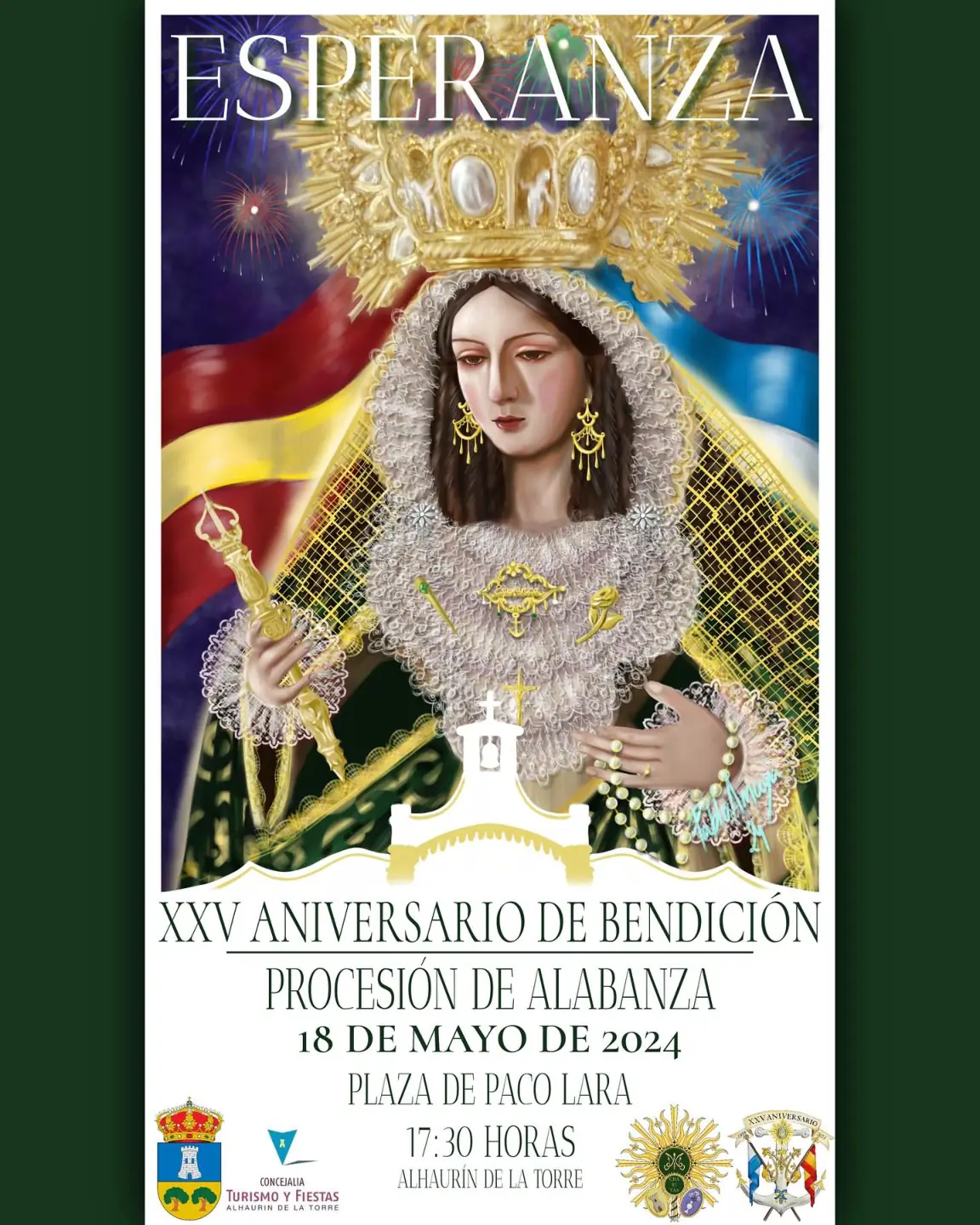 Horario e Itinerario Procesión Extraordinaria tras la Medalla de Oro del Virgen de la Esperanza. Alhaurín de la Torre 17 de Mayo del 2024
