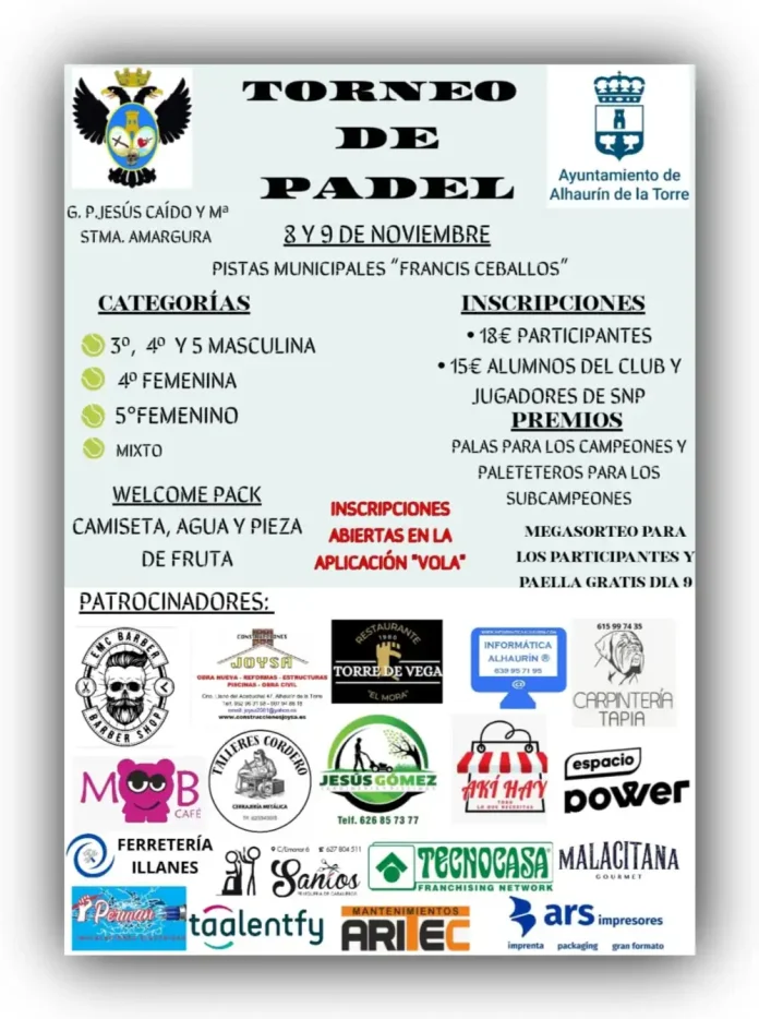 Alhaurín de la Torre acogerá el Torneo de Pádel del Grupo Parroquial Jesús Caído y María Santísima de la Amargura
