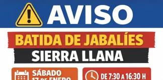 Aviso informativo sobre la batida de jabalíes en Sierra Llana este sábado, 17 de enero