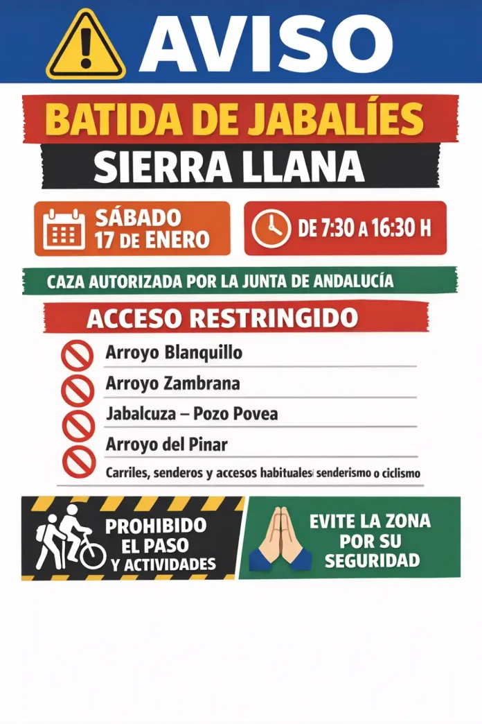 Aviso informativo sobre la batida de jabalíes en Sierra Llana este sábado, 17 de enero
