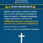 Aviso importante: cierre temporal del Cementerio por alerta amarilla por vientos