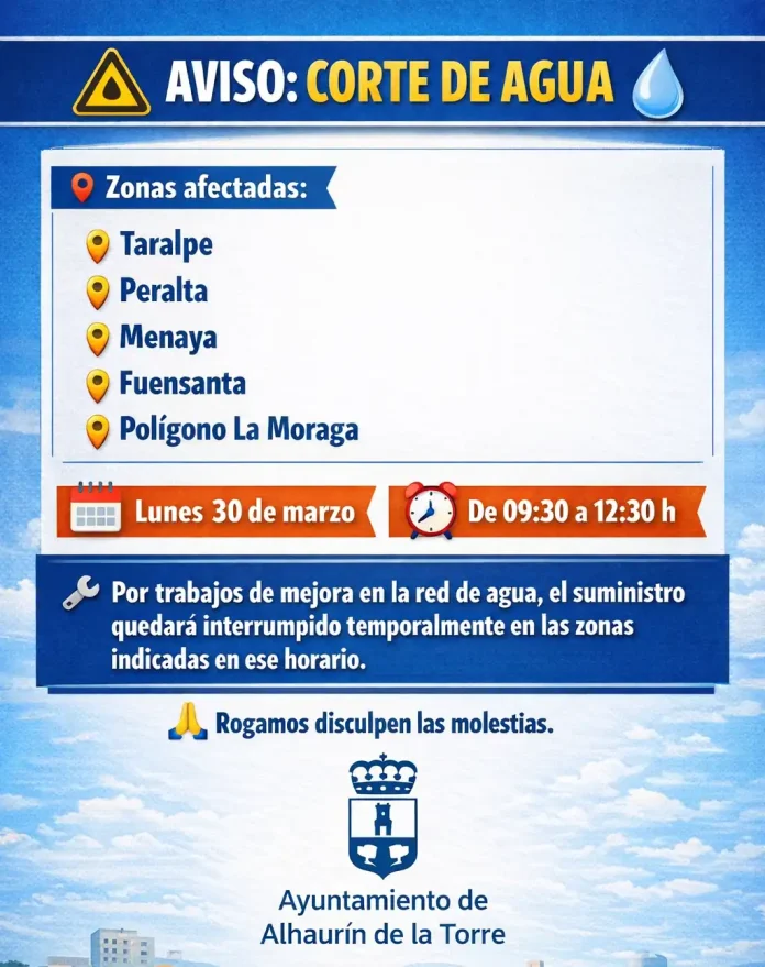 Corte de agua en varias zonas de Alhaurín de la Torre el lunes 30 de marzo