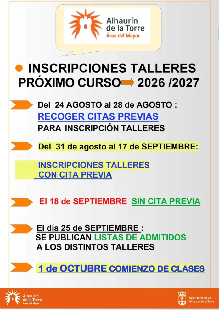 El 24 de agosto se abrirá el periodo de cita previa para inscribirse en los talleres del Área del Mayor El 24 de agosto se abrirá el periodo de cita previa para inscribirse en los talleres del Área del Mayor